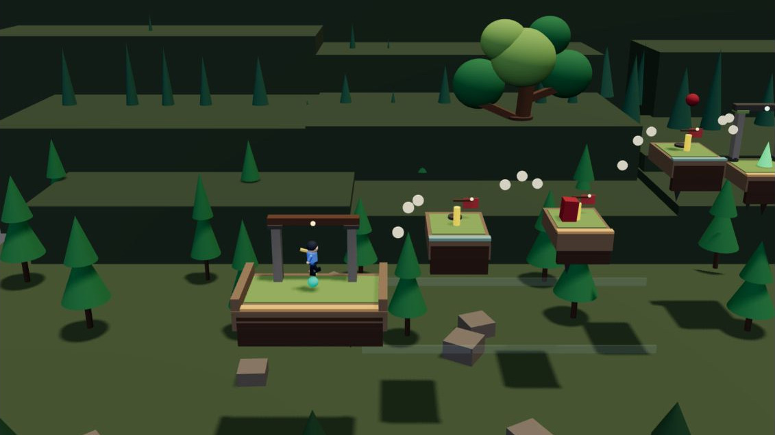 A forest platformer level built from floating ledges around an elder tree