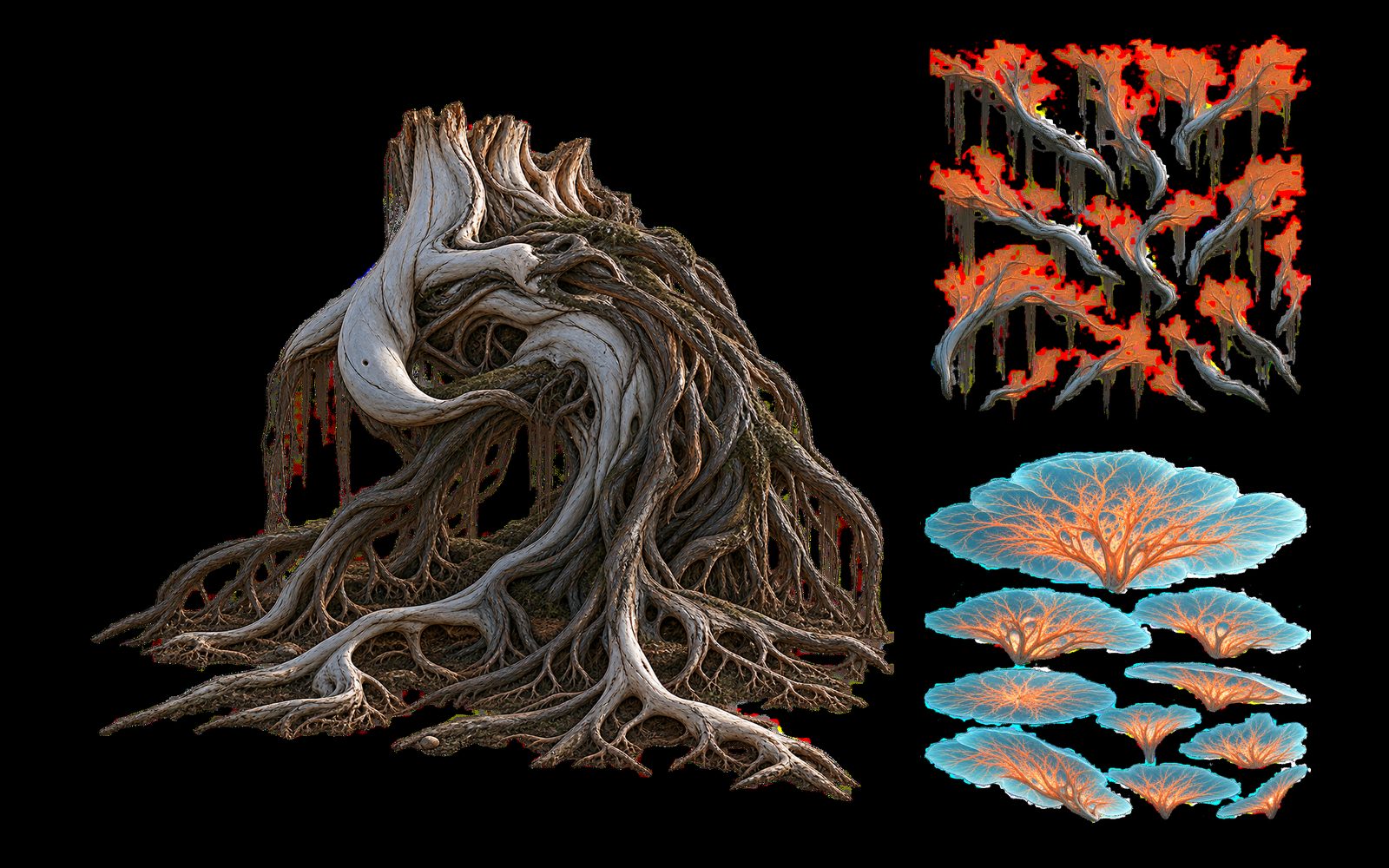 Concept art for an alien tree: a pale twisted trunk with roots, beside sheets of red and teal leaves