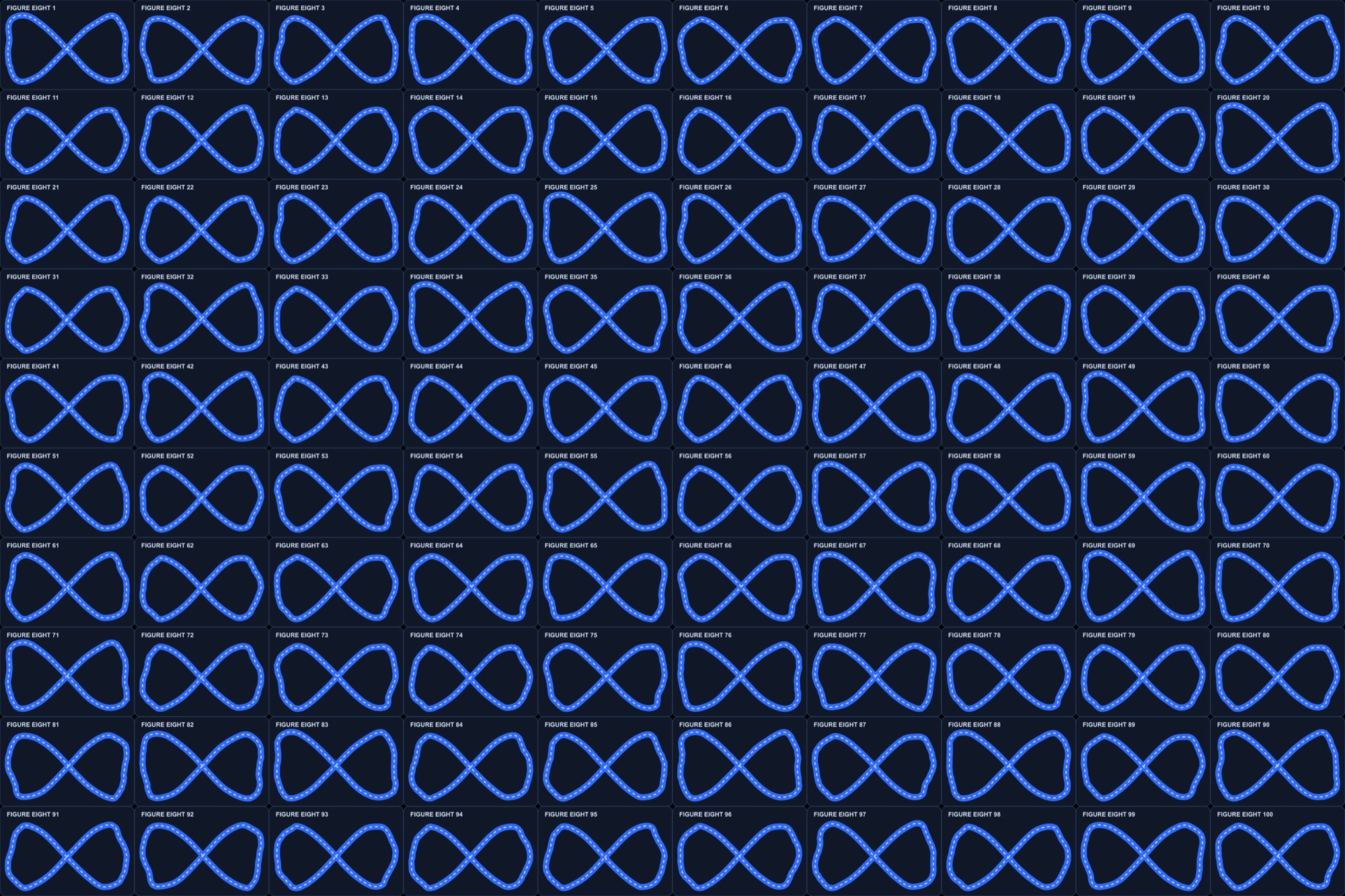A grid of one hundred generated figure-eight kart courses, each slightly different